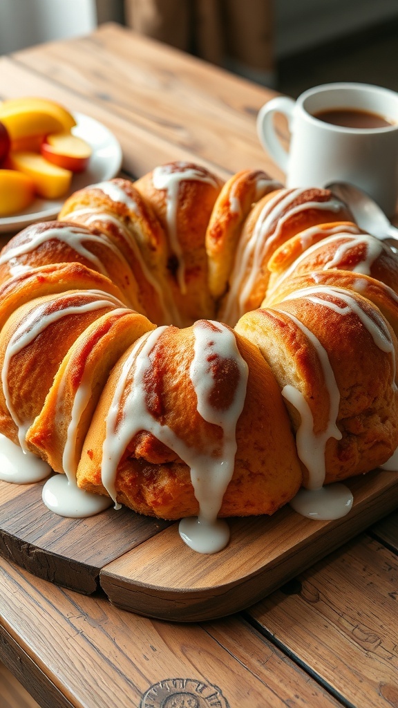 Cinnamon roll monkey bread with icing on a wooden table, showcasing pull-apart pieces.